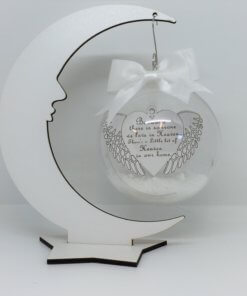 MDF moon stand with bauble with heart & wings inside and fake snow