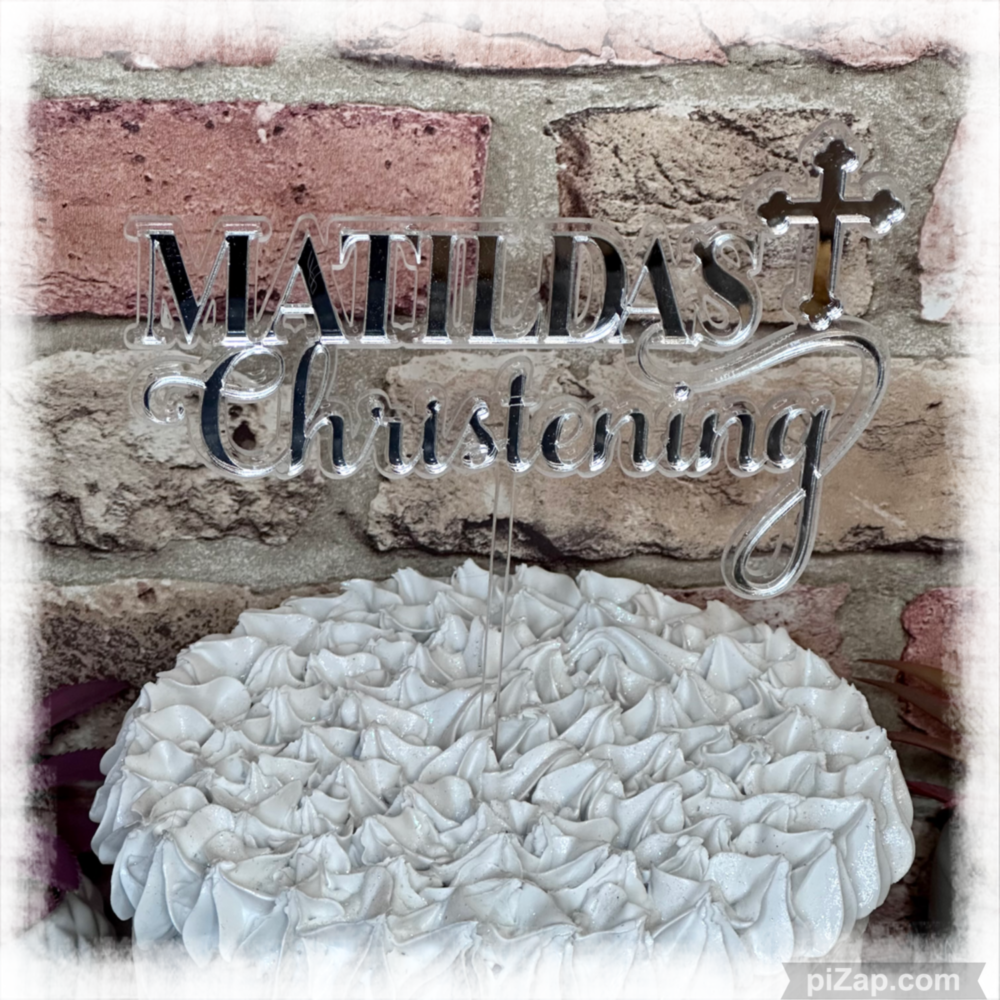 Personalised Christening Cake topper, made with silver mirror & clear acrylic with name & a cross